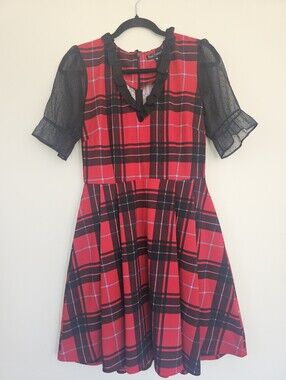 Smak Parlour Red Plaid Puff Sleeve Dress Fit & Flare Size Medium